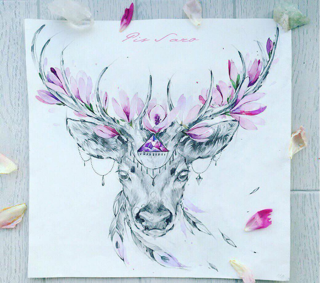 Hand drawn realistic deer surrounded by flowers and tribal geometric  ornament. Beautiful highly detailed vector artwork isolated on colorful  background. Elegant tattoo design, Love and freedom symbol. Stock Vector by  ©Spline03.mail.ru 184330292