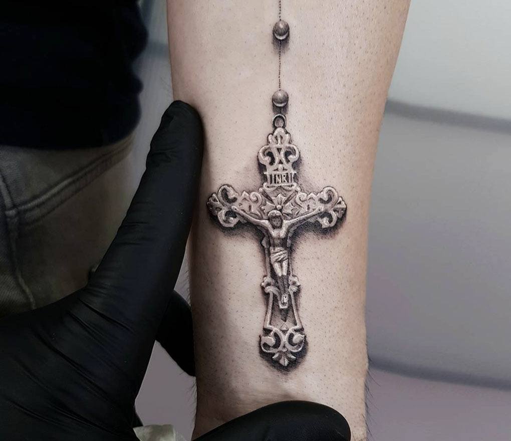 Arm Realistic Religious Rosary Tattoo by Skin Deep Art