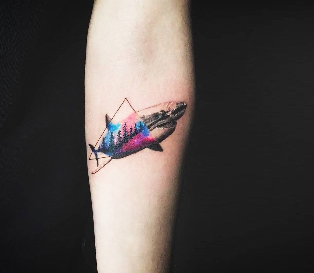 dotwork linework geometric hammerhead shark tattoo by Obi TattooNOW