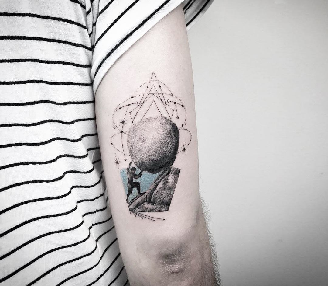 KREA  black and white tattoo of a toddler pushing a rock uphill on a  beach ink on skin cyclical motion like oroborous circular tattoo myth  of sisyphus