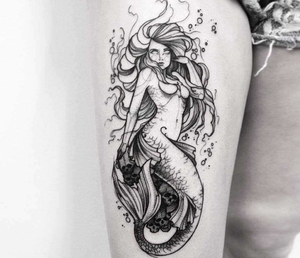 Pretty Mermaid Tattoo in Retro engraving style