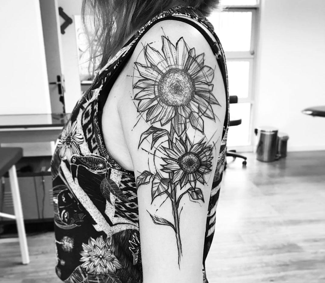 Realistic black and grey sunflower tattoo botanic Vector Image