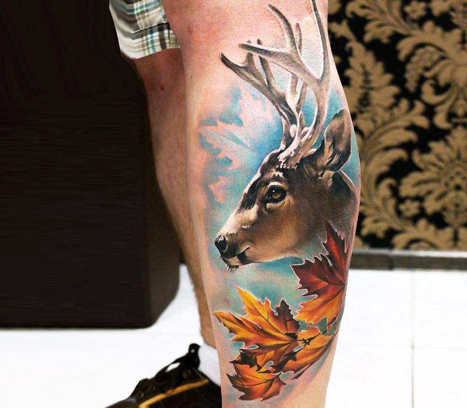 Sleeve pine tree moutain elk tattoo idea | TattoosAI