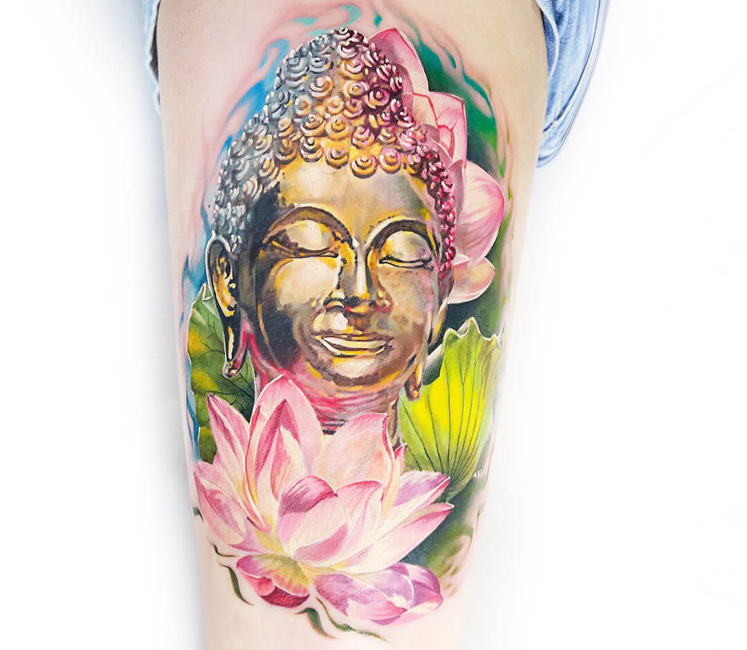 Rock River Tattoo Art Expo : Tattoos : Religious : Buddha and Three Lotuses