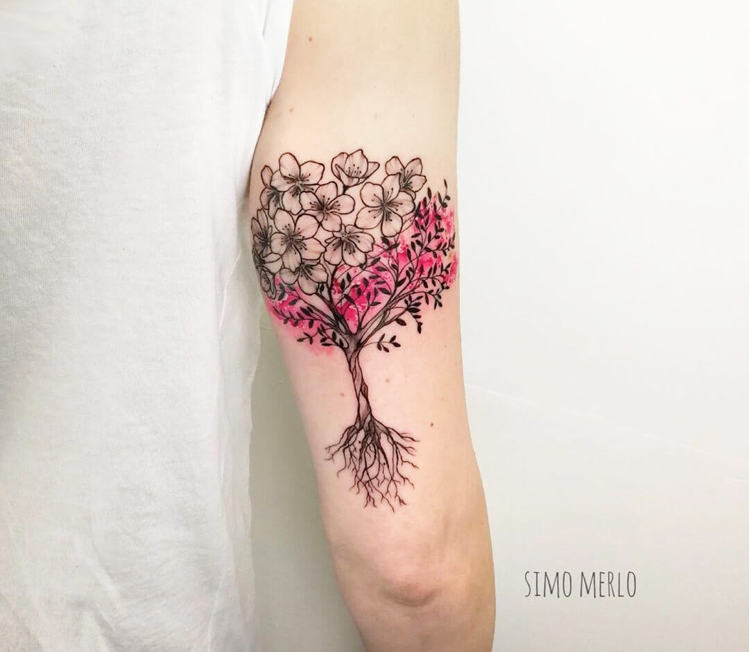 cherry blossom tree with roots tattoo