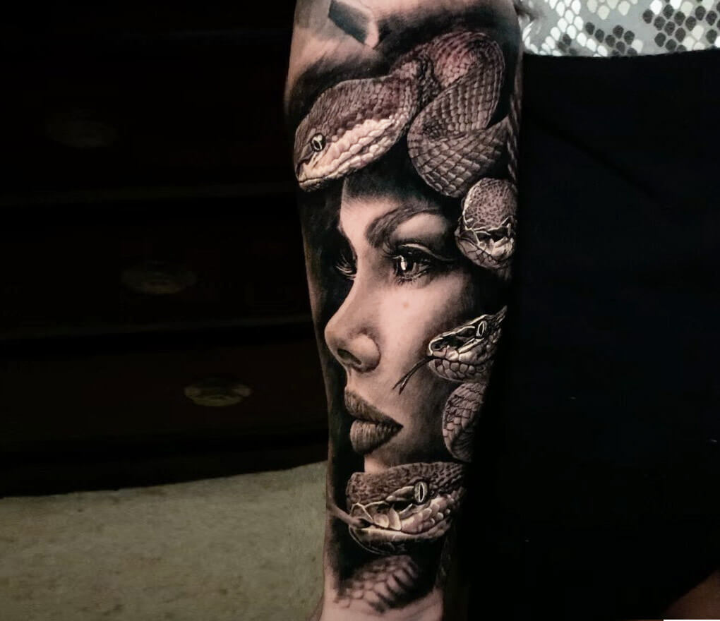 Tattoo inspired artwork featuring snake headed Medusa | Stable Diffusion