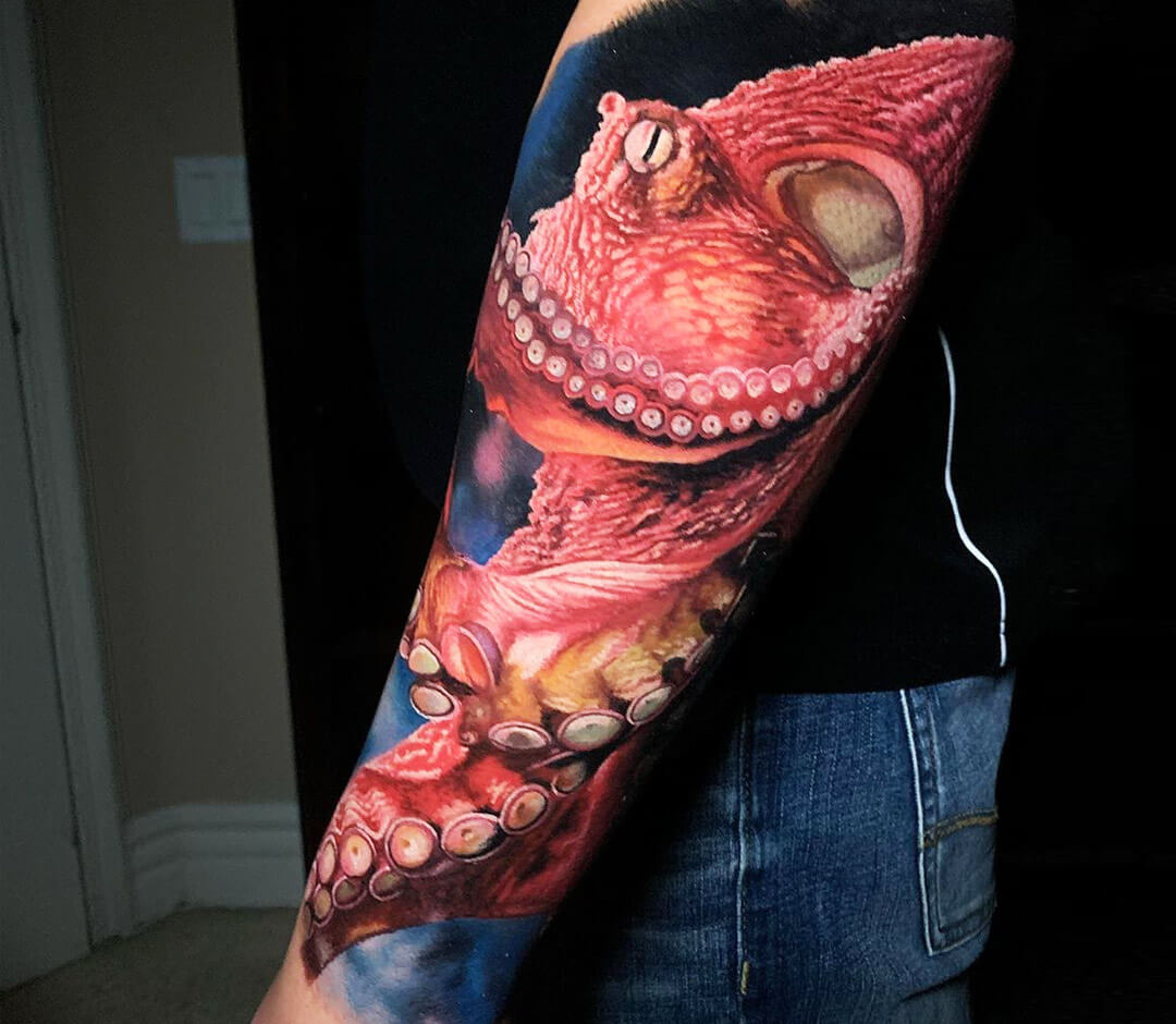 Color, realistic Skull/Octopus fusion tattoo by Evan Olin : Tattoos