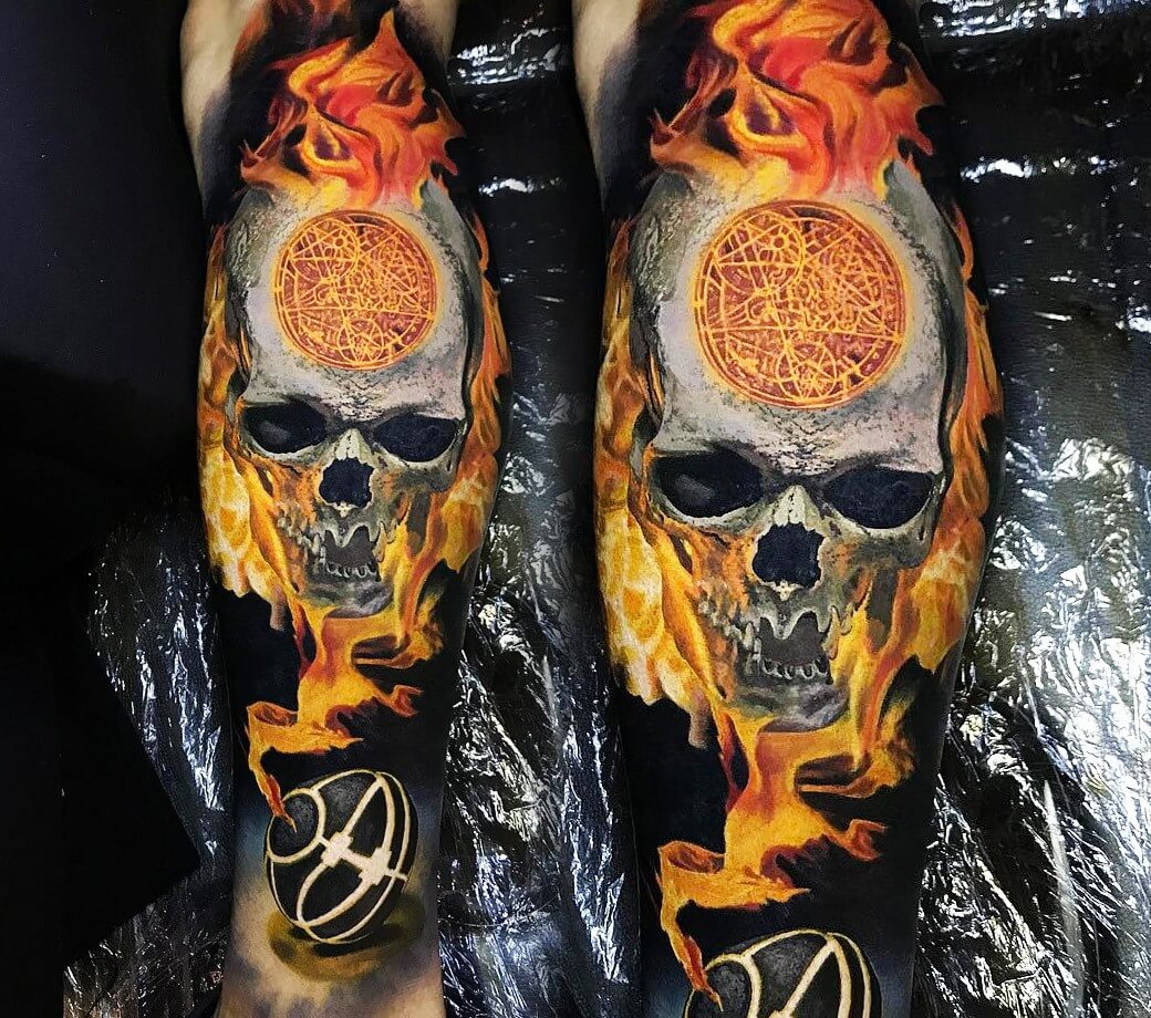 Skull in Fire tattoo by Steve Butcher Photo 18391