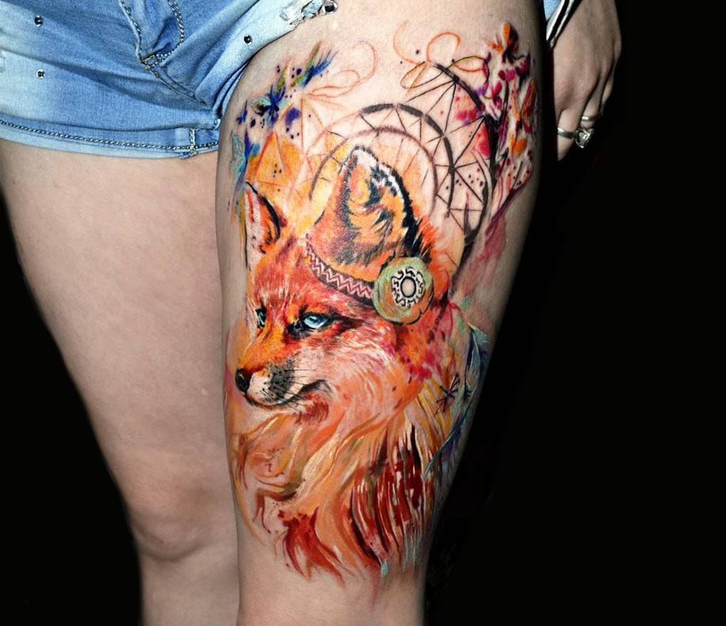 Watercolor Fox thigh piece by Christina Walker TattooNOW