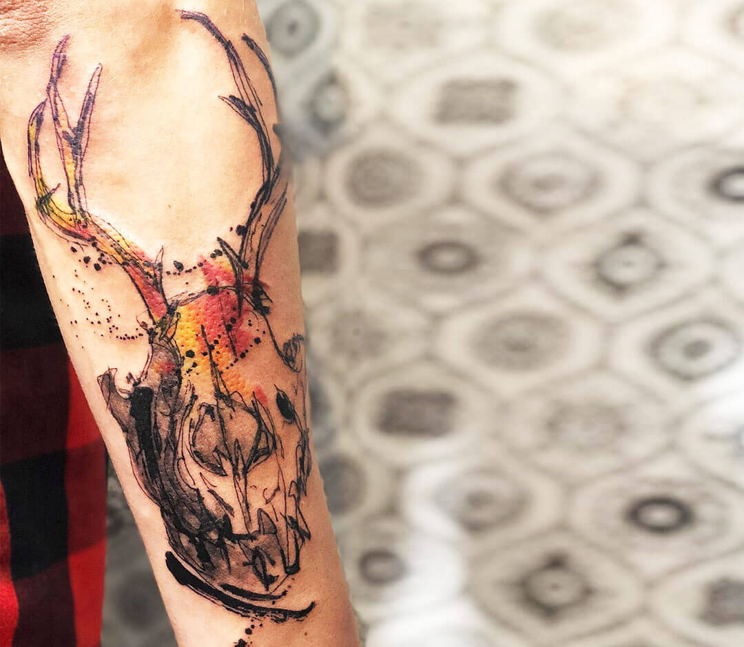 Watercolour geometric deer skull, done by Alex Heart at Blue Lotus tattoo  studio in Auckland, NZ : r/tattoos