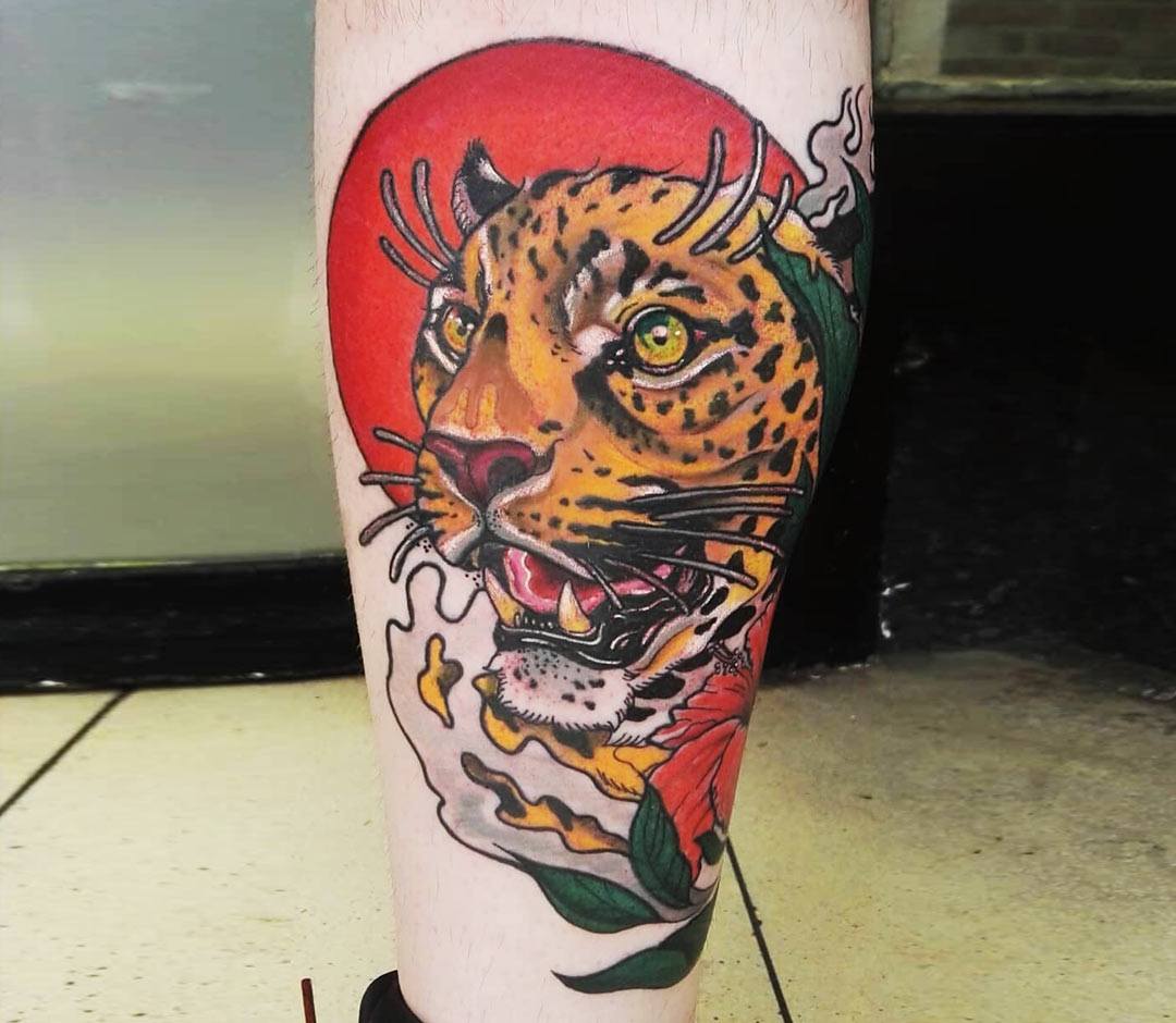 Blue Tiger  Leopard tattooed by Raylo  Houndstooth Tattoo in Philly  from a Noah Lockhart line book  rtraditionaltattoos