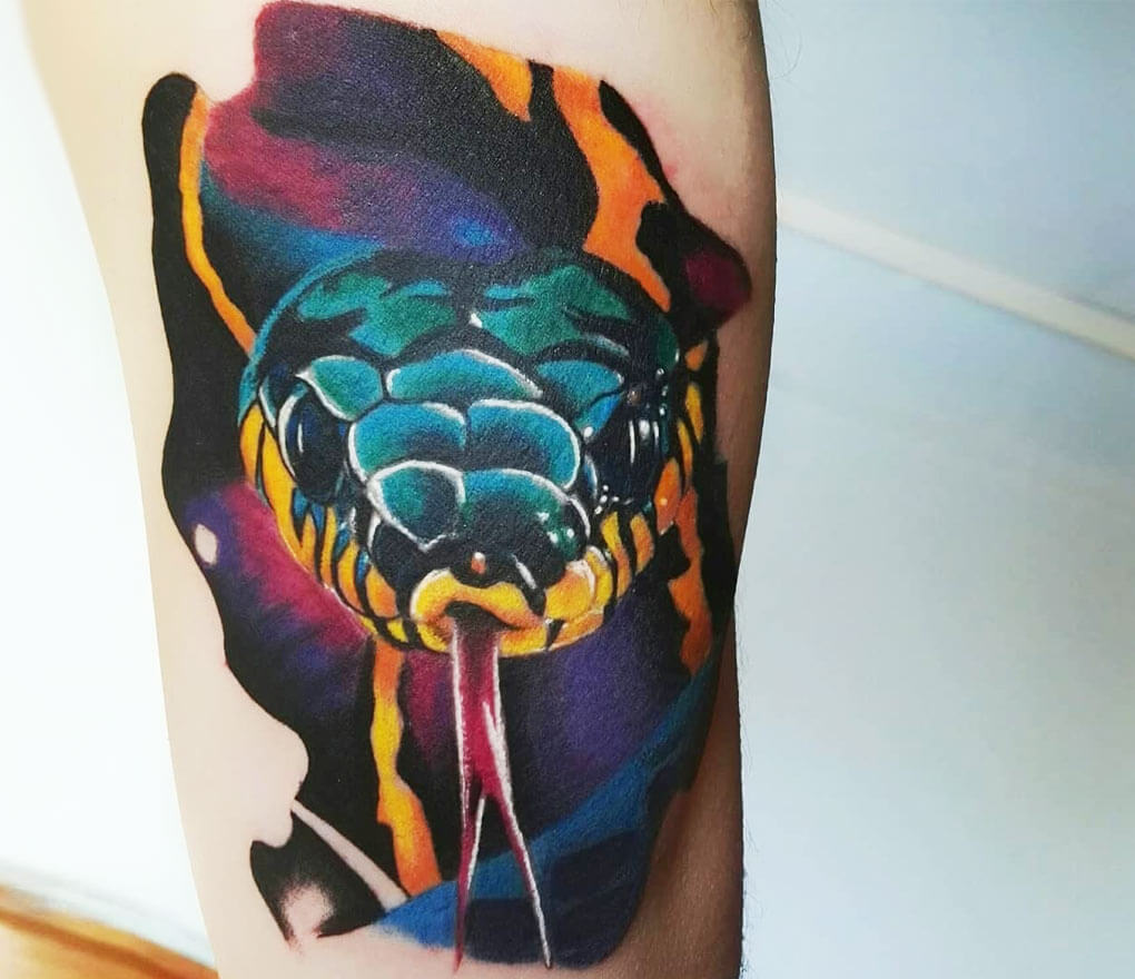 Colorful snake and skull tattoo located on the inner