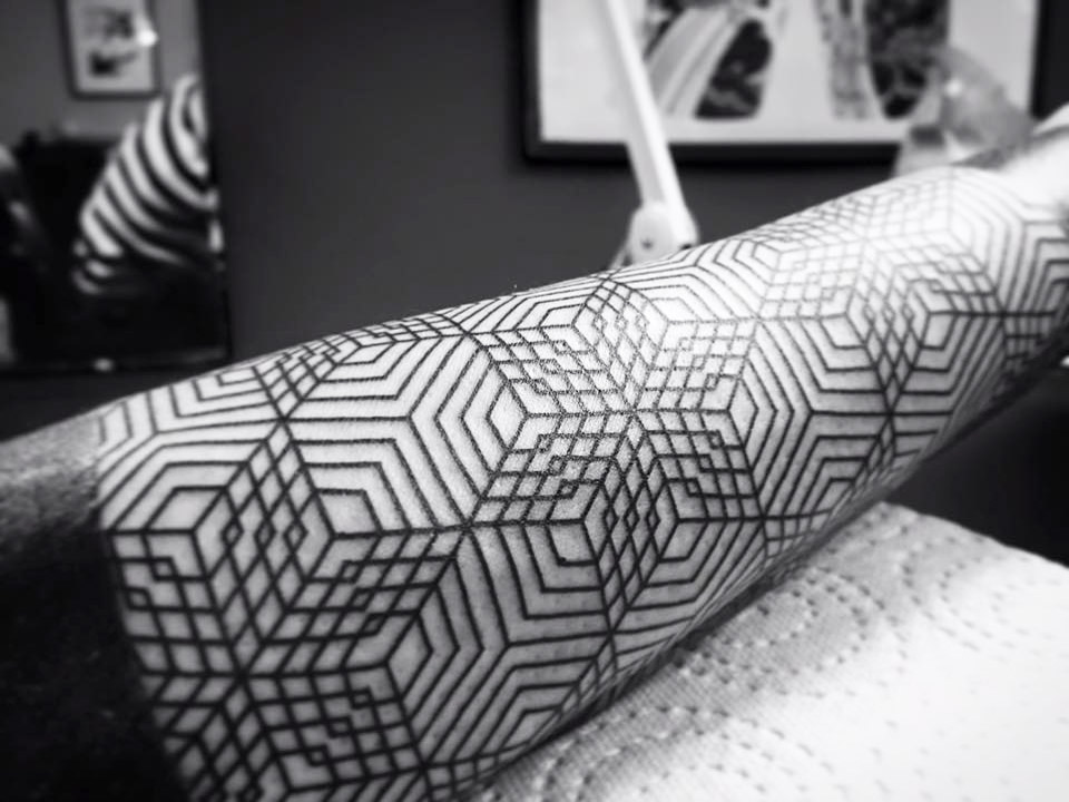 Geometric Tattoo Designs - Tattoo by @jertattoos - Awesome start on this  impossible isometric tattoo 🔥🔥🔥 Go check his page for more 🖤 Design is  by us and comes with the 200+