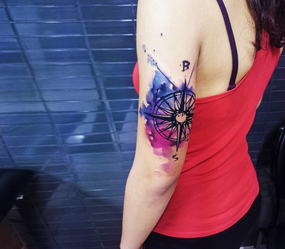 Watercolor compass tattoo by Uncl Paul Knows | Photo 16026