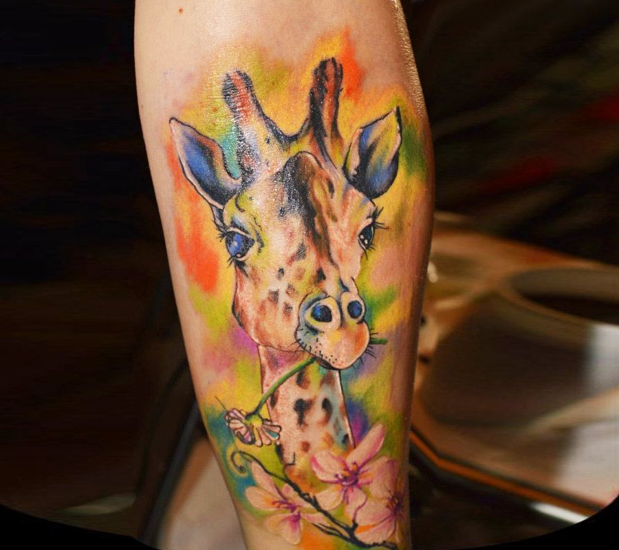 Giraffe and Bull Elephant by Tommy at All Sacred Tattoo in Edgewater, CO!  My first tattoo! : r/tattoos