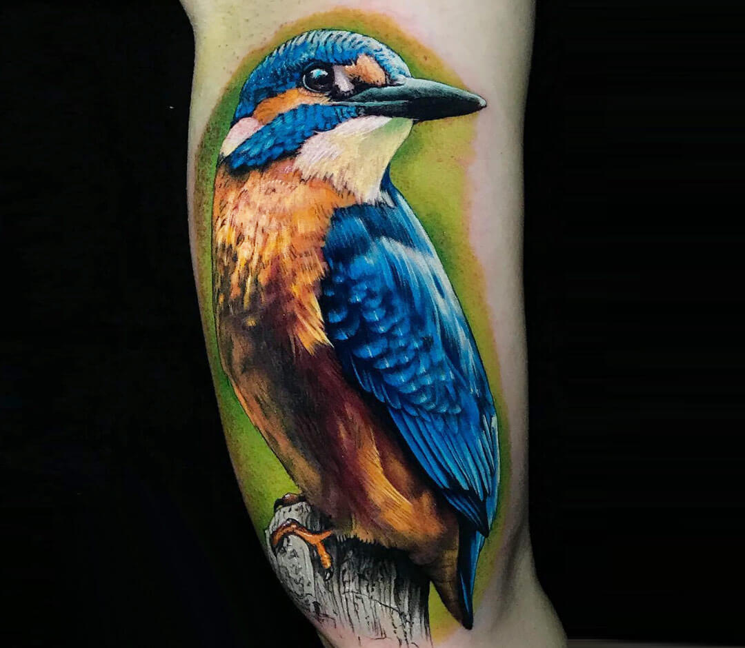 Watercolor style kingfisher tattoo on the inner