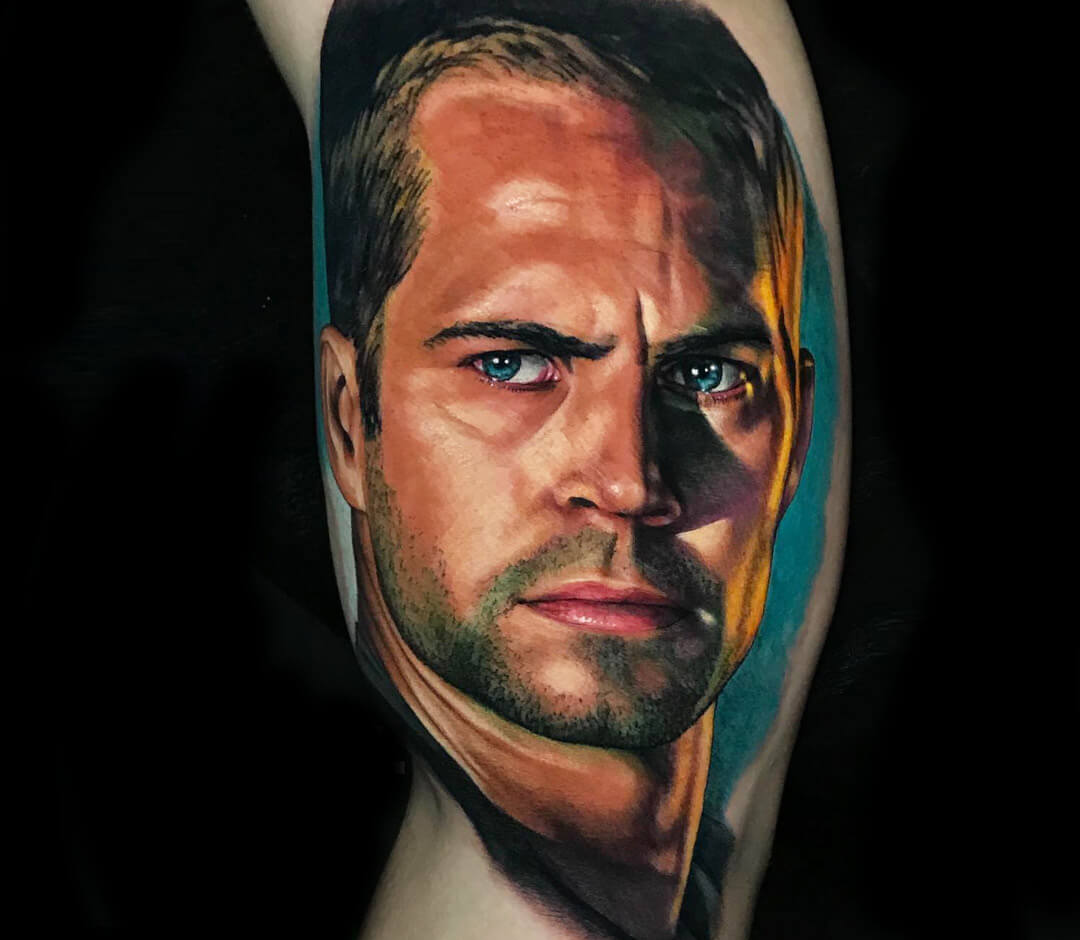 Close. realistic Paul Walker portrait tattoo art Victor Zetall. 